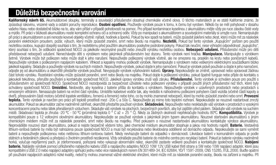 Důležitá bezpečnostní varování | NOCO Genius Boost 3000 Amp UltraSafe Jump Starter & Power Pack User Manual | Page 122 / 274