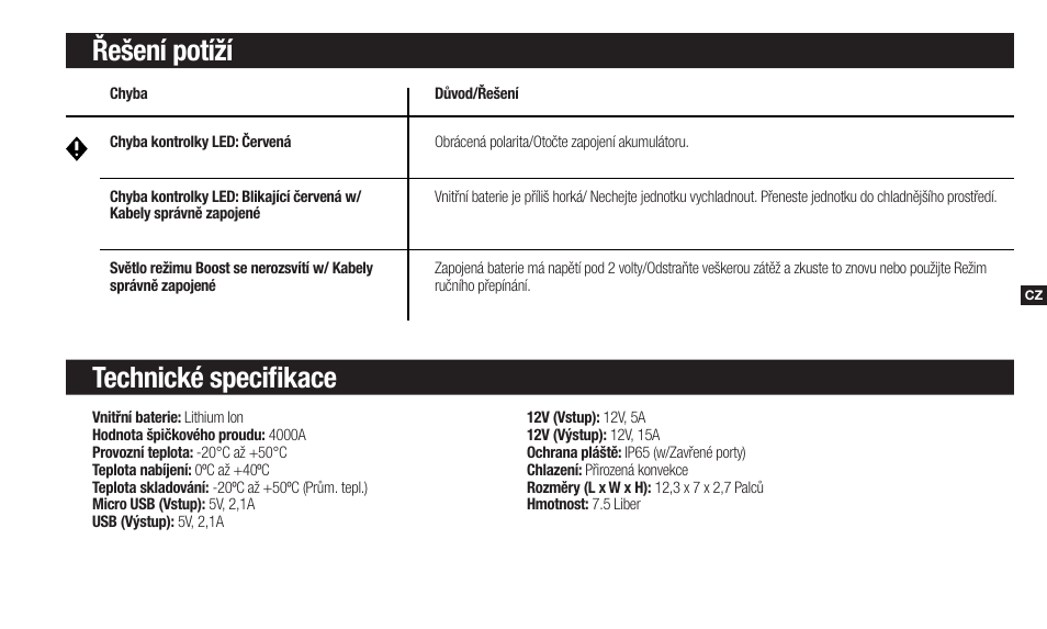 Řešení potíží technické specifikace | NOCO Genius Boost 3000 Amp UltraSafe Jump Starter & Power Pack User Manual | Page 127 / 274