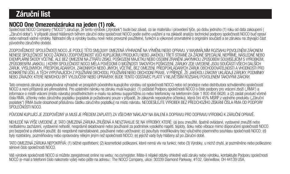 Záruční list, Noco one omezenázáruka na jeden (1) rok | NOCO Genius Boost 3000 Amp UltraSafe Jump Starter & Power Pack User Manual | Page 128 / 274