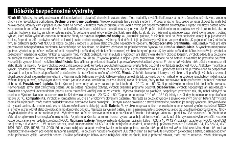 Dôležité bezpečnostné výstrahy | NOCO Genius Boost 3000 Amp UltraSafe Jump Starter & Power Pack User Manual | Page 130 / 274