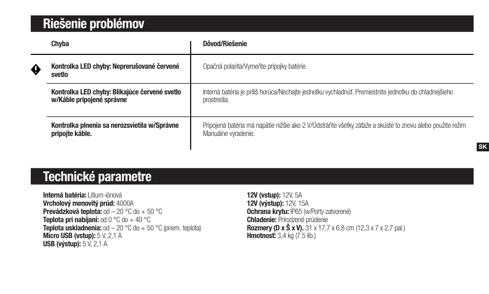 Riešenie problémov technické parametre | NOCO Genius Boost 3000 Amp UltraSafe Jump Starter & Power Pack User Manual | Page 135 / 274
