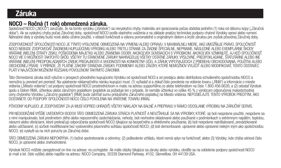 Záruka, Noco – ročná (1 rok) obmedzená záruka | NOCO Genius Boost 3000 Amp UltraSafe Jump Starter & Power Pack User Manual | Page 136 / 274