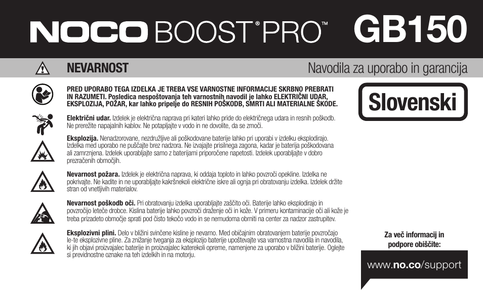 Gb150, Slovenski, Navodila za uporabo in garancija | Nevarnost | NOCO Genius Boost 3000 Amp UltraSafe Jump Starter & Power Pack User Manual | Page 137 / 274
