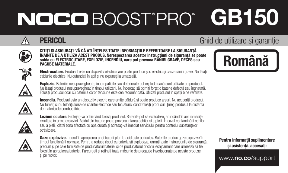 Gb150, Română, Ghid de utilizare şi garanție | Pericol | NOCO Genius Boost 3000 Amp UltraSafe Jump Starter & Power Pack User Manual | Page 145 / 274