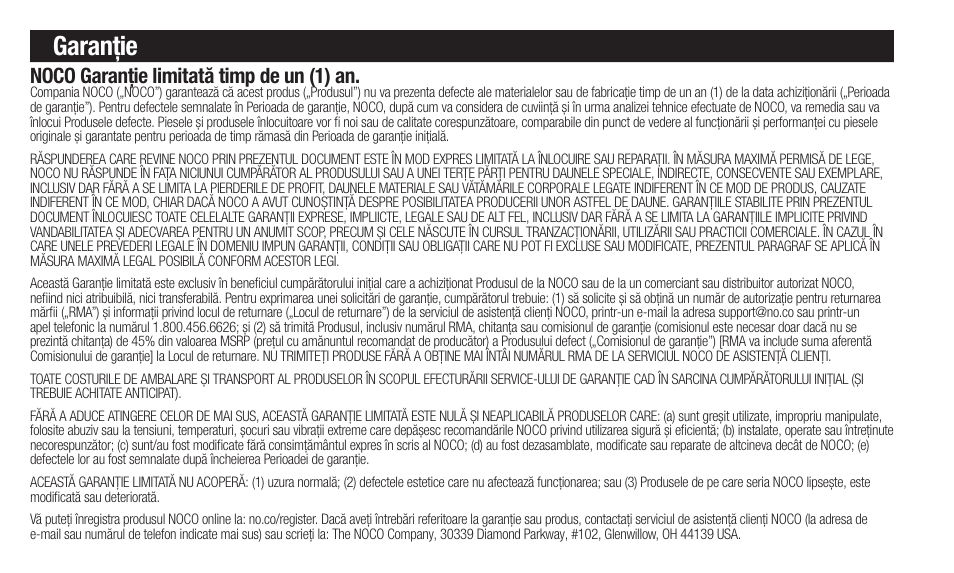 Garanție, Noco garanție limitată timp de un (1) an | NOCO Genius Boost 3000 Amp UltraSafe Jump Starter & Power Pack User Manual | Page 152 / 274