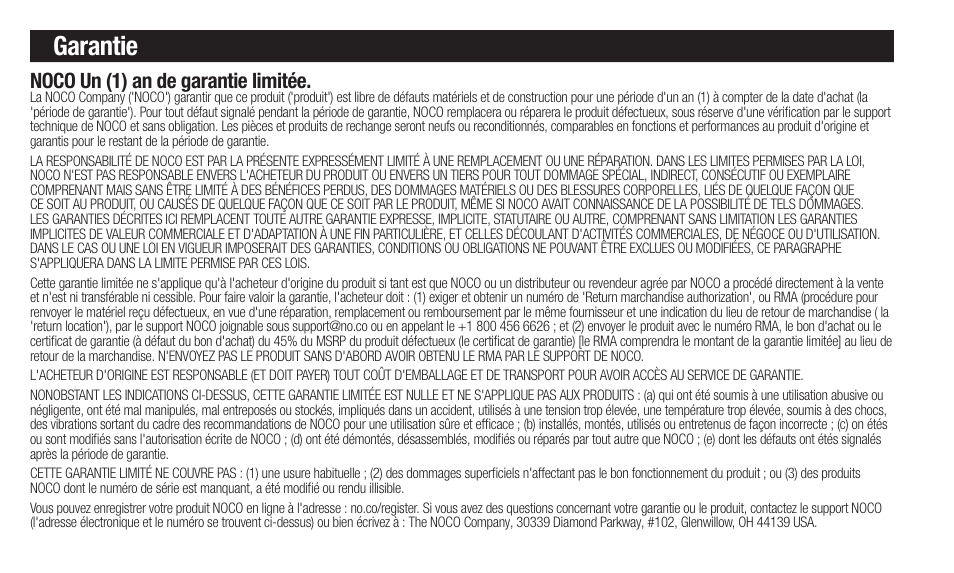 Garantie, Noco un (1) an de garantie limitée | NOCO Genius Boost 3000 Amp UltraSafe Jump Starter & Power Pack User Manual | Page 16 / 274