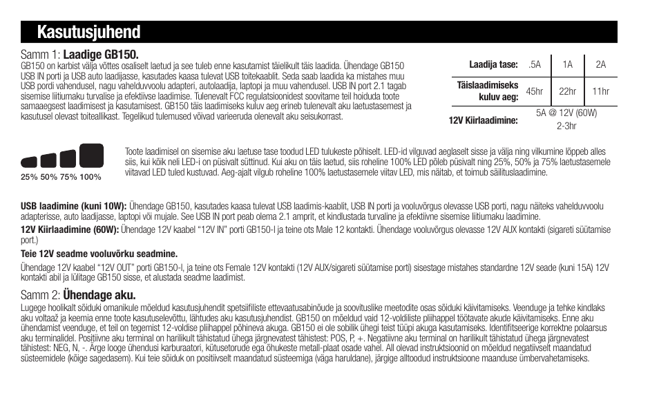 Kasutusjuhend, Samm 2: ühendage aku, Samm 1: laadige gb150 | NOCO Genius Boost 3000 Amp UltraSafe Jump Starter & Power Pack User Manual | Page 164 / 274