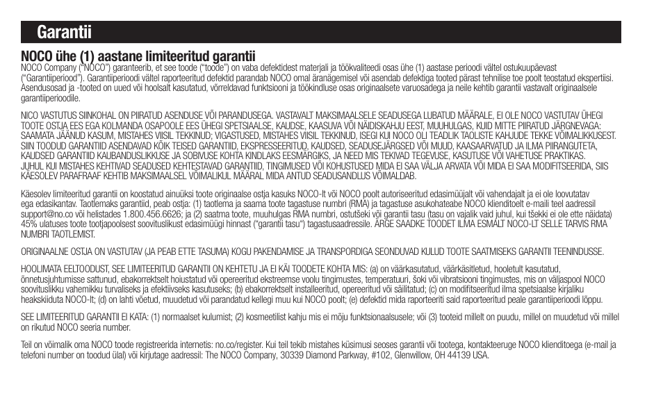 Garantii, Noco ühe (1) aastane limiteeritud garantii | NOCO Genius Boost 3000 Amp UltraSafe Jump Starter & Power Pack User Manual | Page 168 / 274