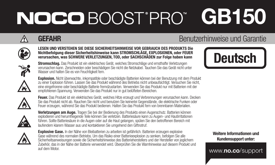 Gb150, Deutsch, Benutzerhinweise und garantie | Gefahr | NOCO Genius Boost 3000 Amp UltraSafe Jump Starter & Power Pack User Manual | Page 17 / 274