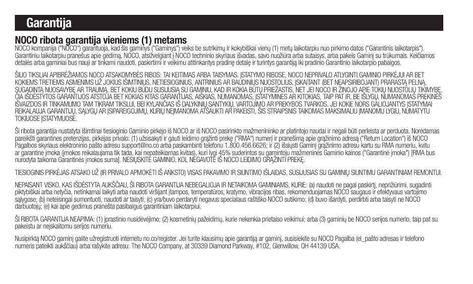 Garantija, Noco ribota garantija vieniems (1) metams | NOCO Genius Boost 3000 Amp UltraSafe Jump Starter & Power Pack User Manual | Page 176 / 274