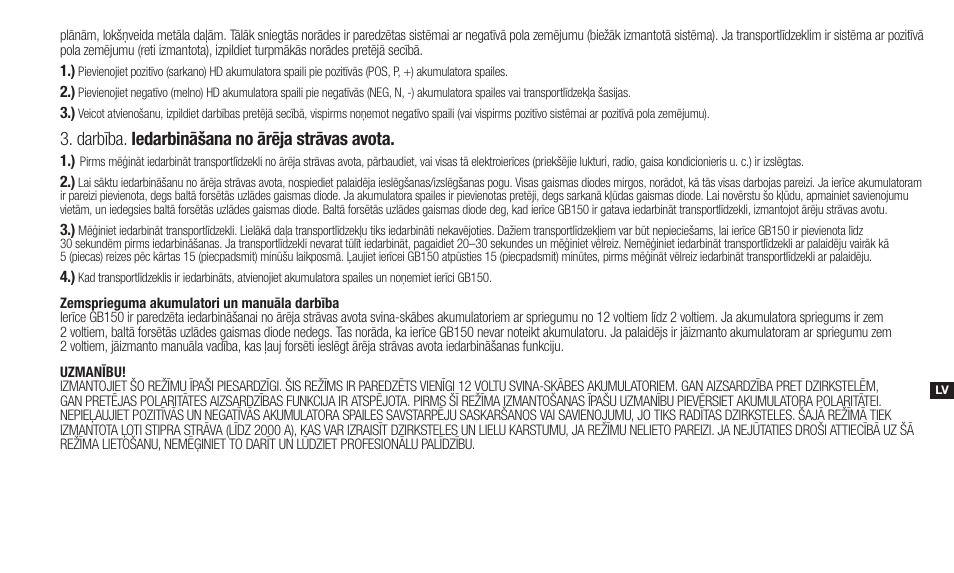Darbība. iedarbināšana no ārēja strāvas avota | NOCO Genius Boost 3000 Amp UltraSafe Jump Starter & Power Pack User Manual | Page 181 / 274
