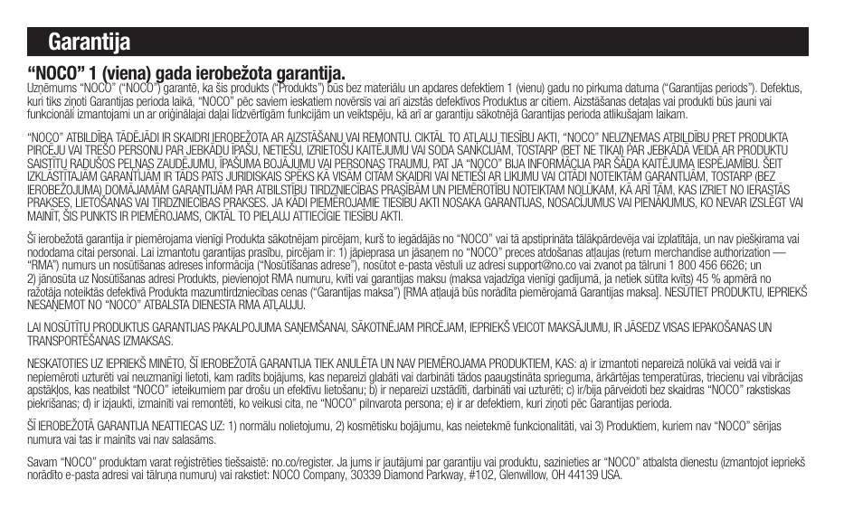 Garantija, Noco” 1 (viena) gada ierobežota garantija | NOCO Genius Boost 3000 Amp UltraSafe Jump Starter & Power Pack User Manual | Page 184 / 274
