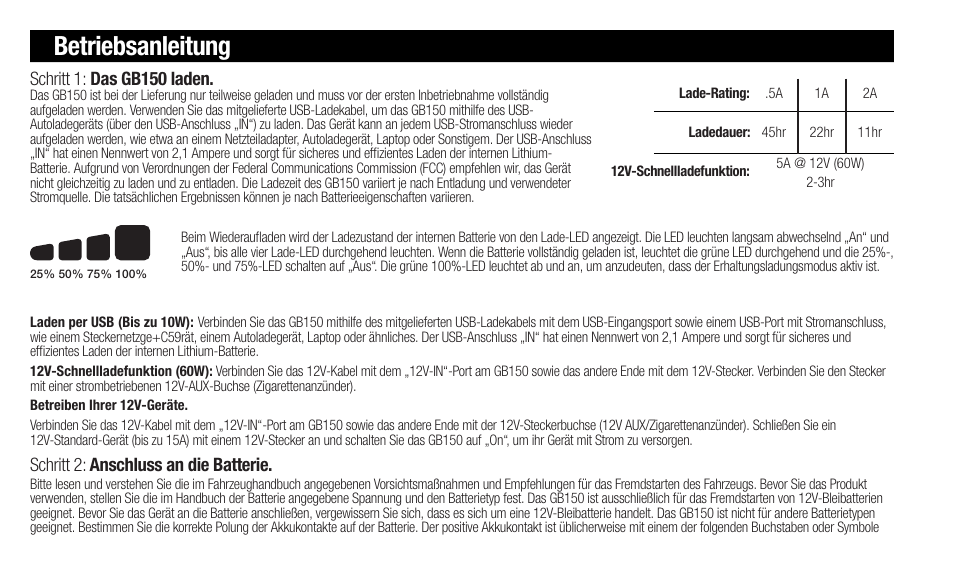 Betriebsanleitung, Schritt 2: anschluss an die batterie, Schritt 1: das gb150 laden | NOCO Genius Boost 3000 Amp UltraSafe Jump Starter & Power Pack User Manual | Page 20 / 274