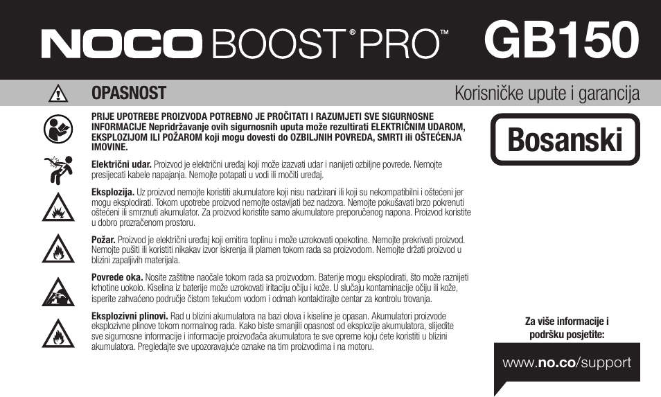 Gb150, Bosanski, Korisničke upute i garancija | Opasnost | NOCO Genius Boost 3000 Amp UltraSafe Jump Starter & Power Pack User Manual | Page 209 / 274