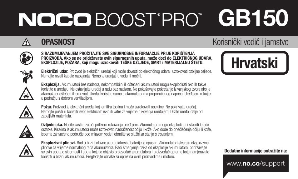 Gb150, Hrvatski, Korisnički vodič i jamstvo | Opasnost | NOCO Genius Boost 3000 Amp UltraSafe Jump Starter & Power Pack User Manual | Page 217 / 274