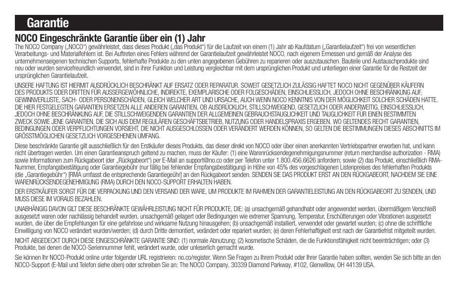 Garantie, Noco eingeschränkte garantie über ein (1) jahr | NOCO Genius Boost 3000 Amp UltraSafe Jump Starter & Power Pack User Manual | Page 24 / 274