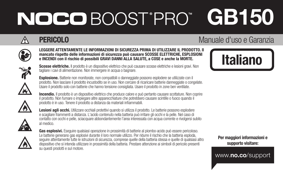 Gb150, Italiano, Manuale d'uso e garanzia | Pericolo | NOCO Genius Boost 3000 Amp UltraSafe Jump Starter & Power Pack User Manual | Page 25 / 274