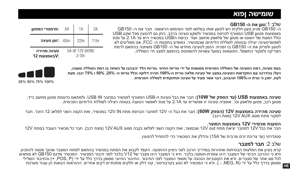 אופן השימוש, רבצמל רבח :2 בלש, 1 בלש | NOCO Genius Boost 3000 Amp UltraSafe Jump Starter & Power Pack User Manual | Page 261 / 274
