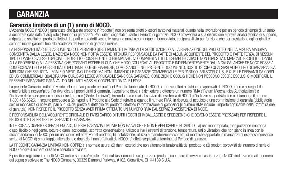 Garanzia, Garanzia limitata di un (1) anno di noco | NOCO Genius Boost 3000 Amp UltraSafe Jump Starter & Power Pack User Manual | Page 32 / 274
