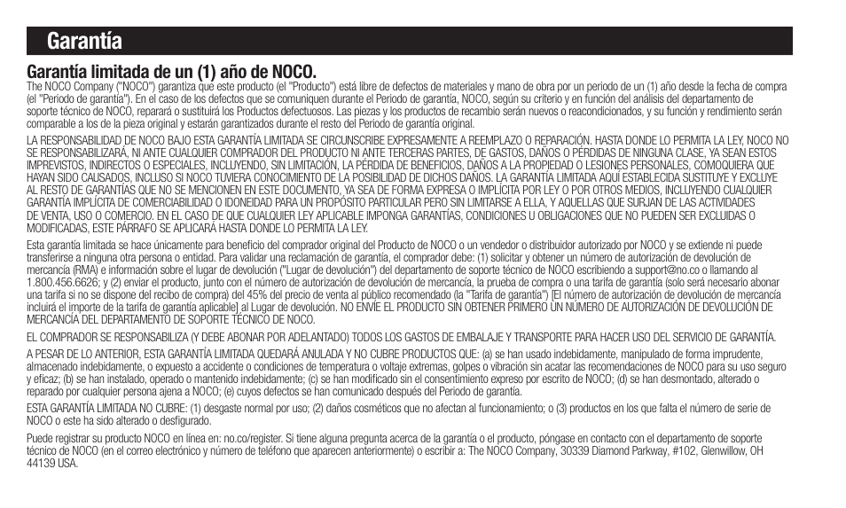 Garantía, Garantía limitada de un (1) año de noco | NOCO Genius Boost 3000 Amp UltraSafe Jump Starter & Power Pack User Manual | Page 40 / 274
