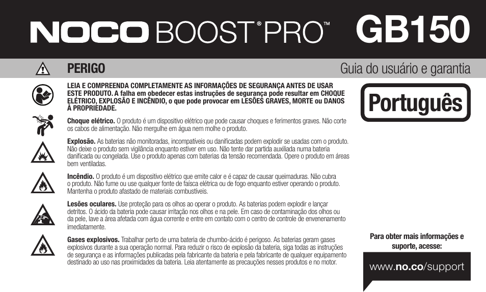Gb150, Português, Guia do usuário e garantia | Perigo | NOCO Genius Boost 3000 Amp UltraSafe Jump Starter & Power Pack User Manual | Page 41 / 274