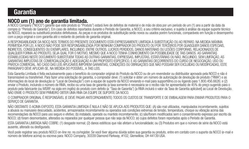 Garantia, Noco um (1) ano de garantia limitada | NOCO Genius Boost 3000 Amp UltraSafe Jump Starter & Power Pack User Manual | Page 48 / 274
