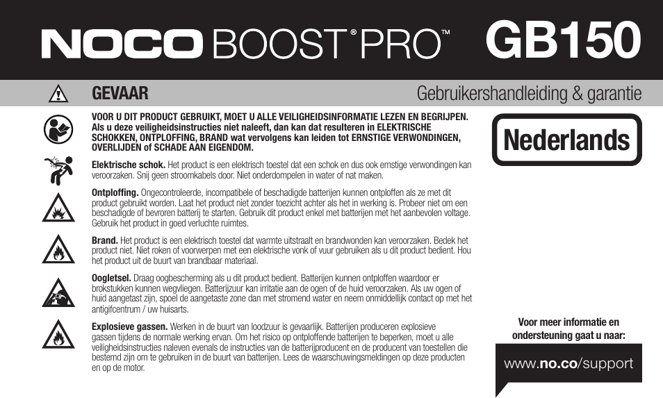 Gb150, Nederlands, Gebruikershandleiding & garantie | Gevaar | NOCO Genius Boost 3000 Amp UltraSafe Jump Starter & Power Pack User Manual | Page 49 / 274