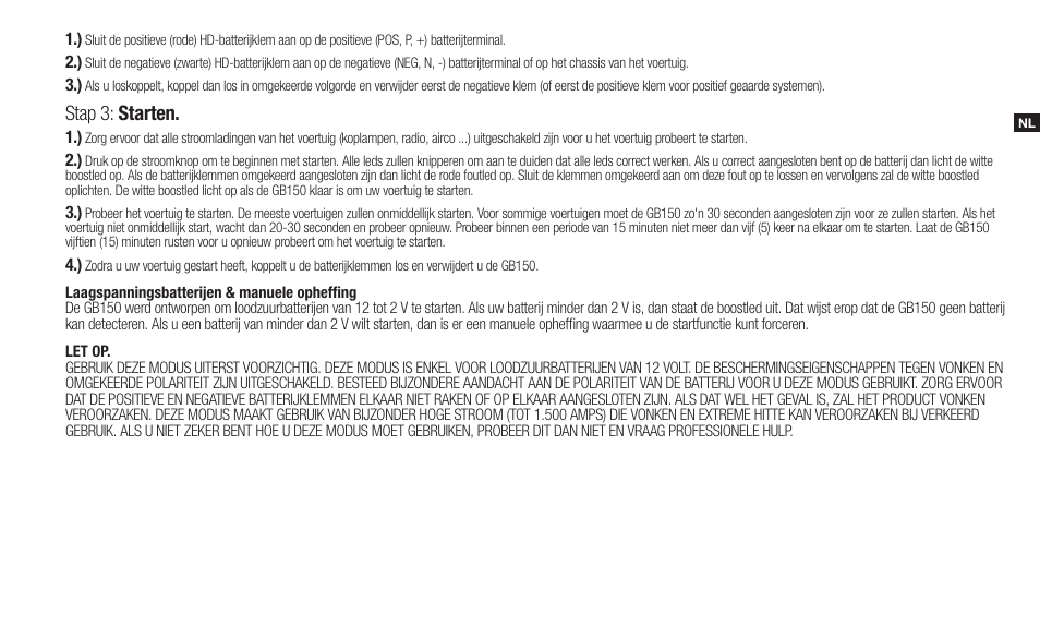 Stap 3: starten | NOCO Genius Boost 3000 Amp UltraSafe Jump Starter & Power Pack User Manual | Page 53 / 274