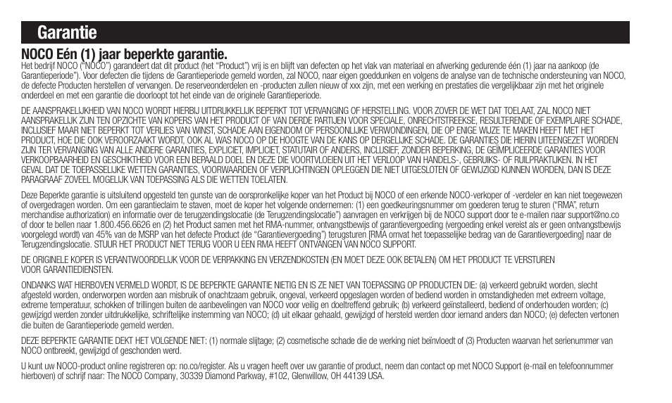 Garantie, Noco eén (1) jaar beperkte garantie | NOCO Genius Boost 3000 Amp UltraSafe Jump Starter & Power Pack User Manual | Page 56 / 274