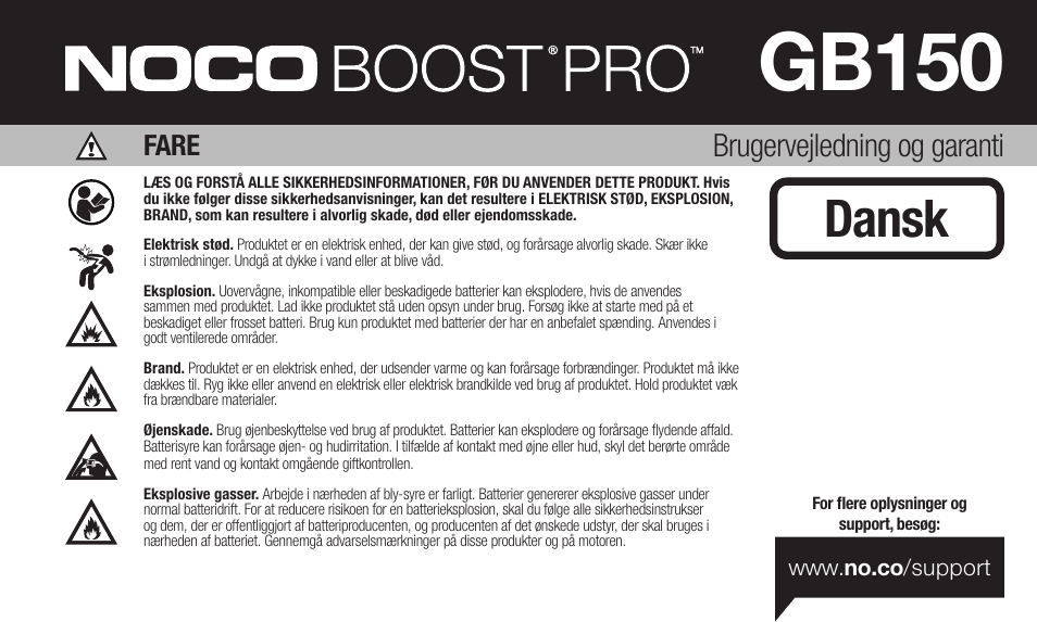 Gb150, Dansk, Brugervejledning og garanti | Fare | NOCO Genius Boost 3000 Amp UltraSafe Jump Starter & Power Pack User Manual | Page 57 / 274