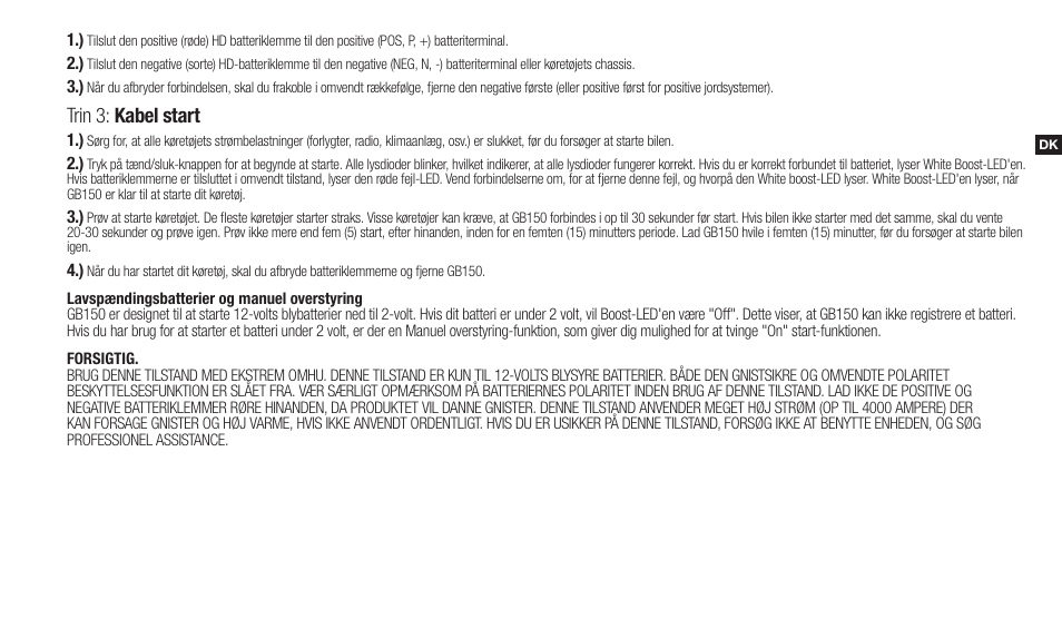 Trin 3: kabel start | NOCO Genius Boost 3000 Amp UltraSafe Jump Starter & Power Pack User Manual | Page 61 / 274