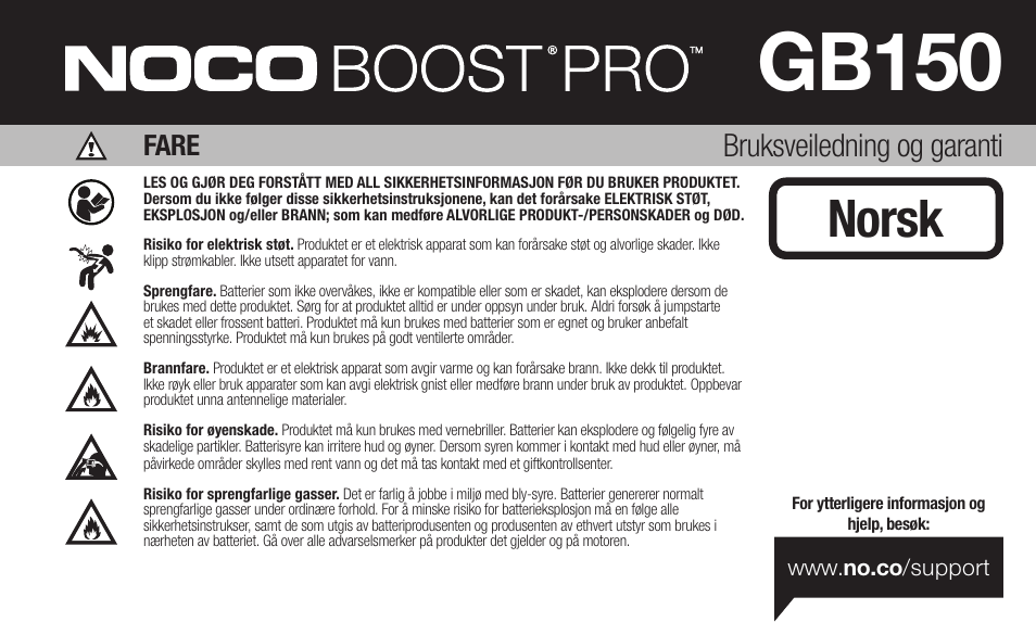 Gb150, Norsk, Bruksveiledning og garanti | Fare | NOCO Genius Boost 3000 Amp UltraSafe Jump Starter & Power Pack User Manual | Page 65 / 274