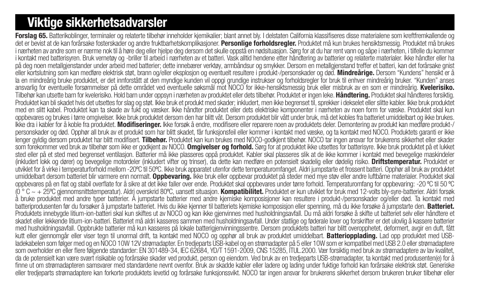 Viktige sikkerhetsadvarsler | NOCO Genius Boost 3000 Amp UltraSafe Jump Starter & Power Pack User Manual | Page 66 / 274