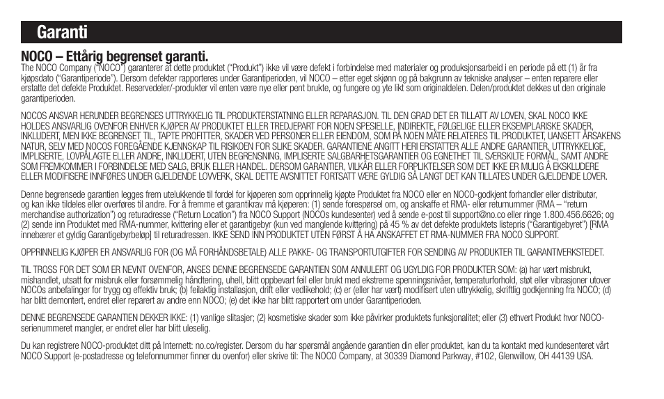 Garanti, Noco – ettårig begrenset garanti | NOCO Genius Boost 3000 Amp UltraSafe Jump Starter & Power Pack User Manual | Page 72 / 274