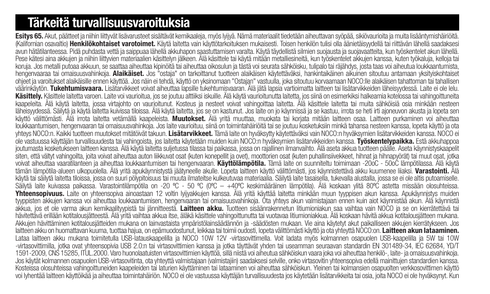 Tärkeitä turvallisuusvaroituksia | NOCO Genius Boost 3000 Amp UltraSafe Jump Starter & Power Pack User Manual | Page 74 / 274