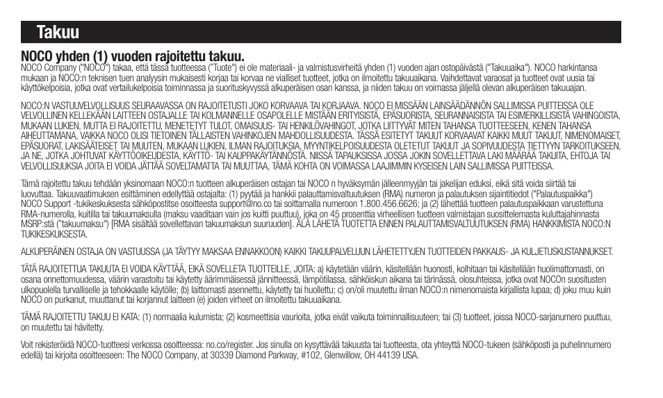 Takuu, Noco yhden (1) vuoden rajoitettu takuu | NOCO Genius Boost 3000 Amp UltraSafe Jump Starter & Power Pack User Manual | Page 80 / 274