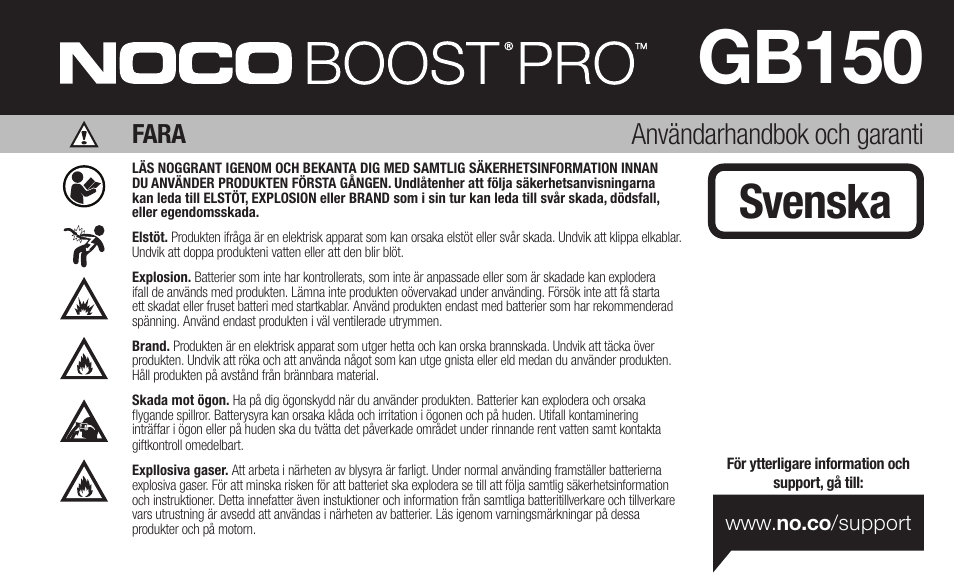 Gb150, Svenska, Användarhandbok och garanti | Fara | NOCO Genius Boost 3000 Amp UltraSafe Jump Starter & Power Pack User Manual | Page 81 / 274