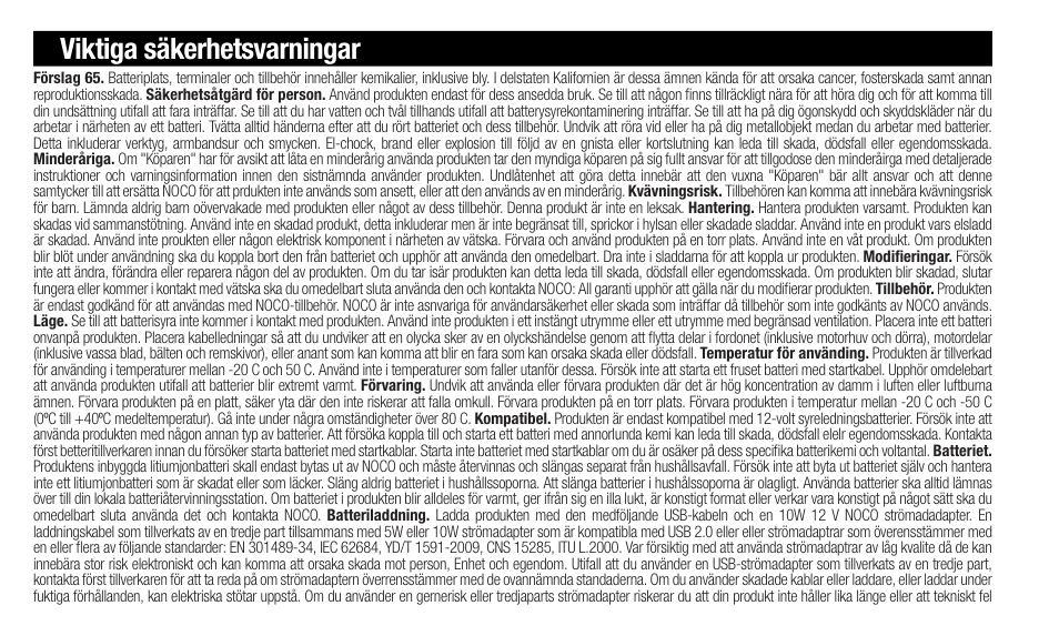 Viktiga säkerhetsvarningar | NOCO Genius Boost 3000 Amp UltraSafe Jump Starter & Power Pack User Manual | Page 82 / 274