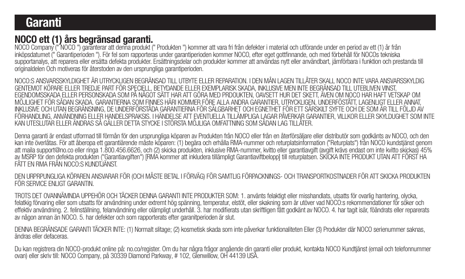 Garanti, Noco ett (1) års begränsad garanti | NOCO Genius Boost 3000 Amp UltraSafe Jump Starter & Power Pack User Manual | Page 88 / 274