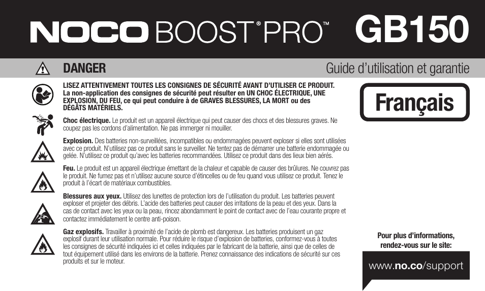 Gb150, Français, Guide d’utilisation et garantie | Danger | NOCO Genius Boost 3000 Amp UltraSafe Jump Starter & Power Pack User Manual | Page 9 / 274