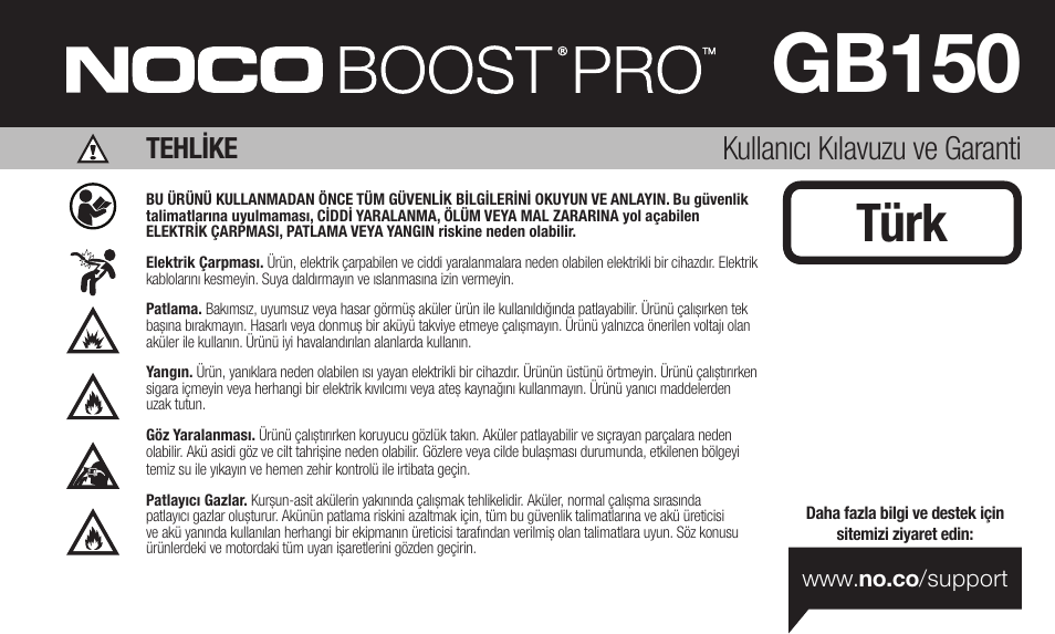 Gb150, Türk, Kullanıcı kılavuzu ve garanti | Tehli̇ke | NOCO Genius Boost 3000 Amp UltraSafe Jump Starter & Power Pack User Manual | Page 97 / 274