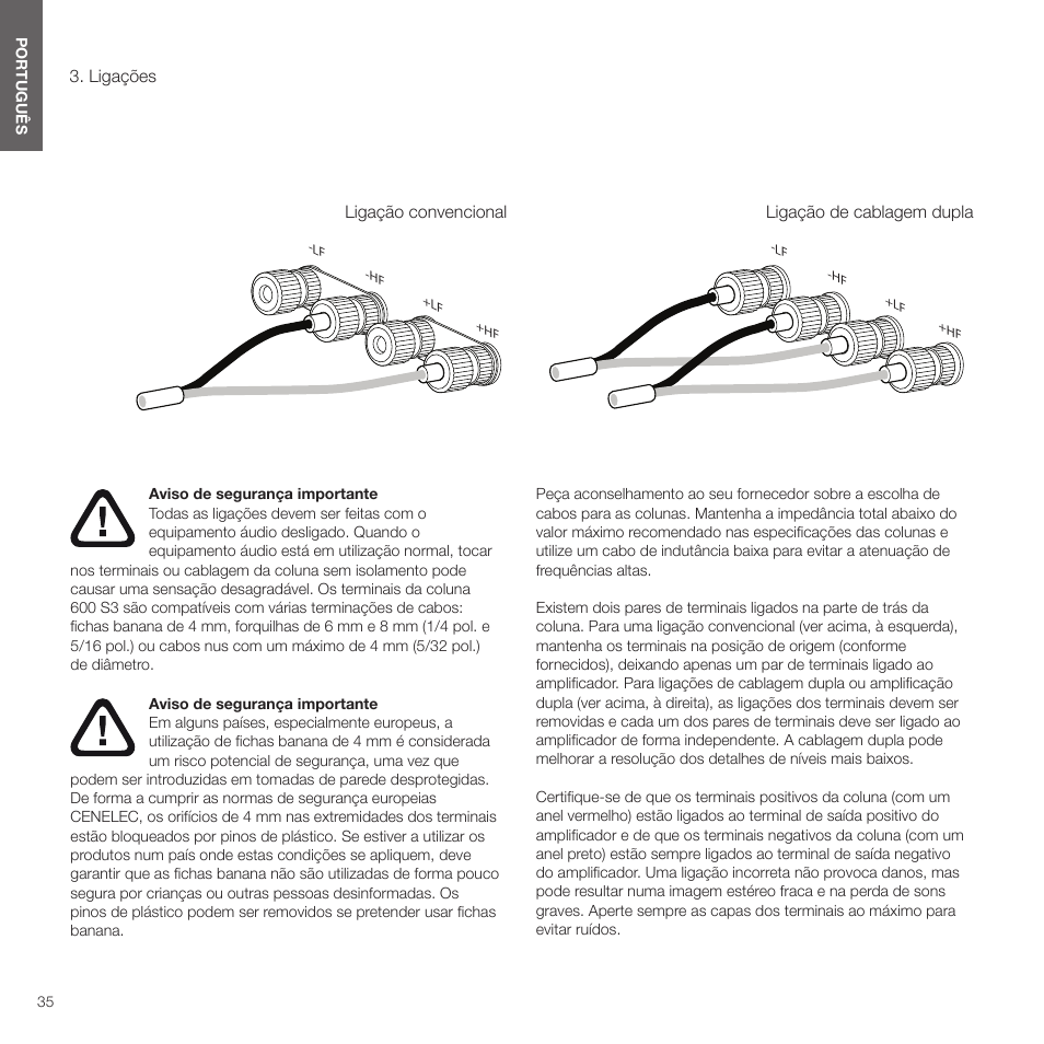 Ligações | Bowers & Wilkins HTM6 S3 2-Way Center Channel Speaker (Oak) User Manual | Page 36 / 124