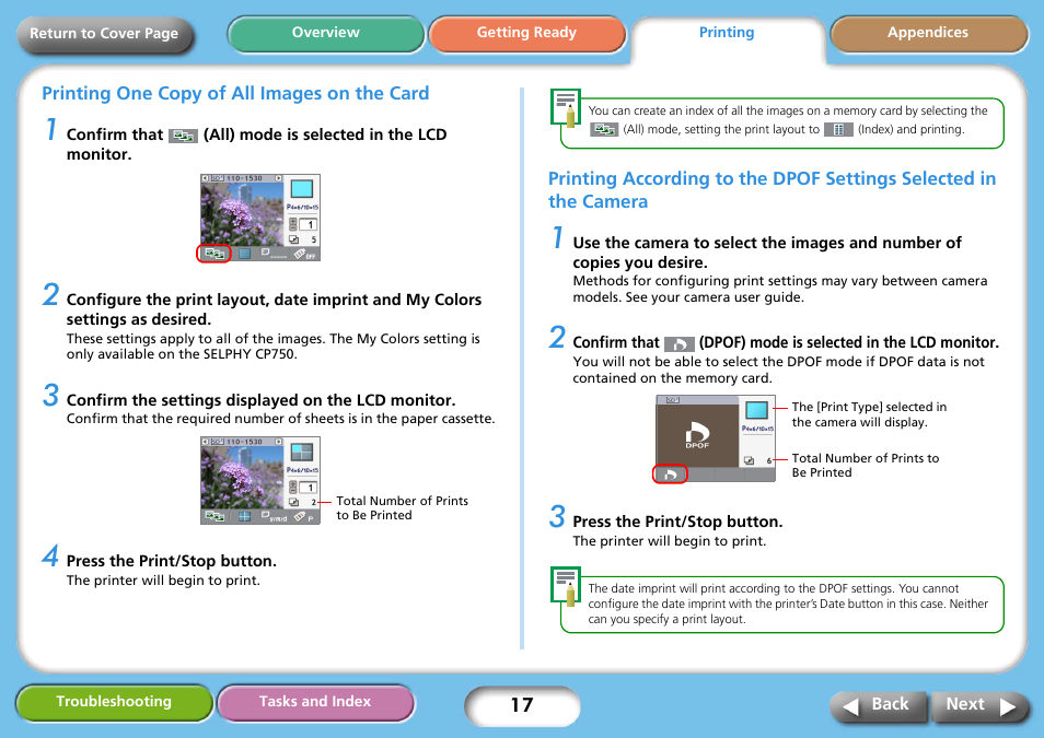 Printing one copy of all images on the card, Next | Canon SELPHY CP740 User Manual | Page 17 / 50