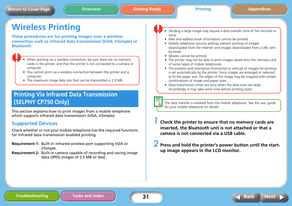 Wireless printing, Supported devices, See “wireless printing” in the | Next | Canon SELPHY CP740 User Manual | Page 31 / 50