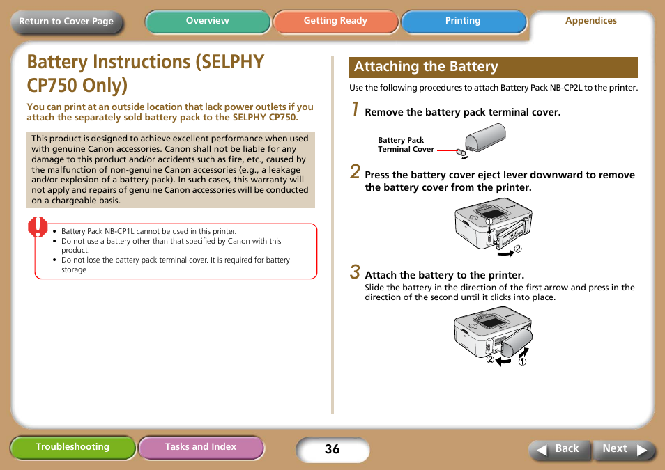 Battery instructions (selphy cp750 only), Attaching the battery, Next | Canon SELPHY CP740 User Manual | Page 36 / 50