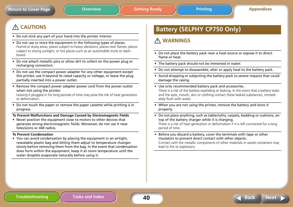 Cautions, Battery (selphy cp750 only), Warnings | Next, Cautions warnings | Canon SELPHY CP740 User Manual | Page 40 / 50