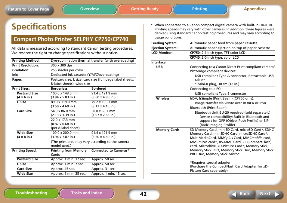 Specifications, Compact photo printer selphy cp750/cp740, Next | Canon SELPHY CP740 User Manual | Page 42 / 50