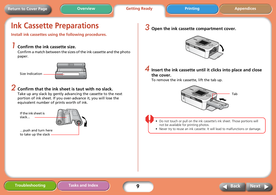 Ink cassette preparations, Next | Canon SELPHY CP740 User Manual | Page 9 / 50