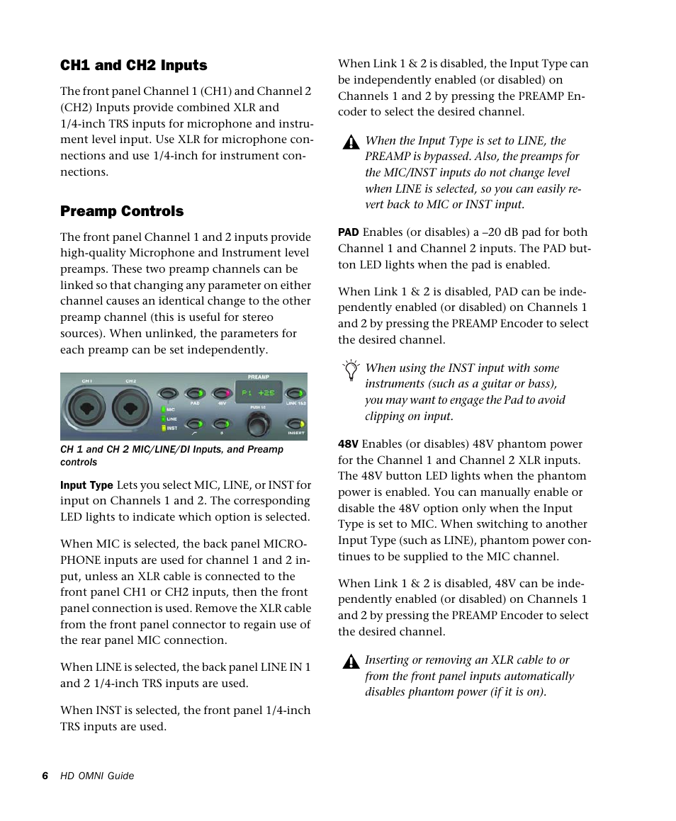 Ch1 and ch2 inputs, Preamp controls | Avid HD OMNI Preamp, I/O, and Monitoring Pro Tools HD Series Interface User Manual | Page 10 / 71