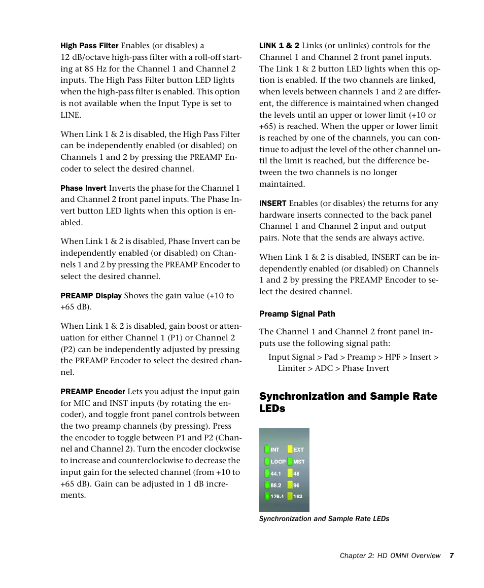 Synchronization and sample rate leds | Avid HD OMNI Preamp, I/O, and Monitoring Pro Tools HD Series Interface User Manual | Page 11 / 71